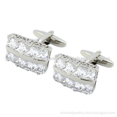 Brass Cufflinks with White Cz Stones and White Steel Plating, Nickel-free